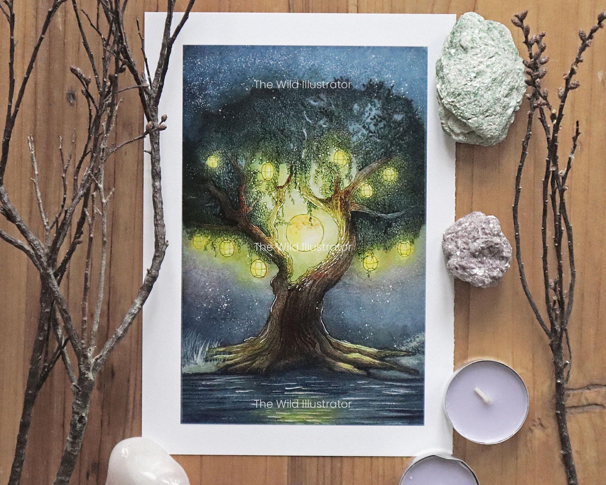 Ancient Glow Mystical Tree Art Print with Lanterns.