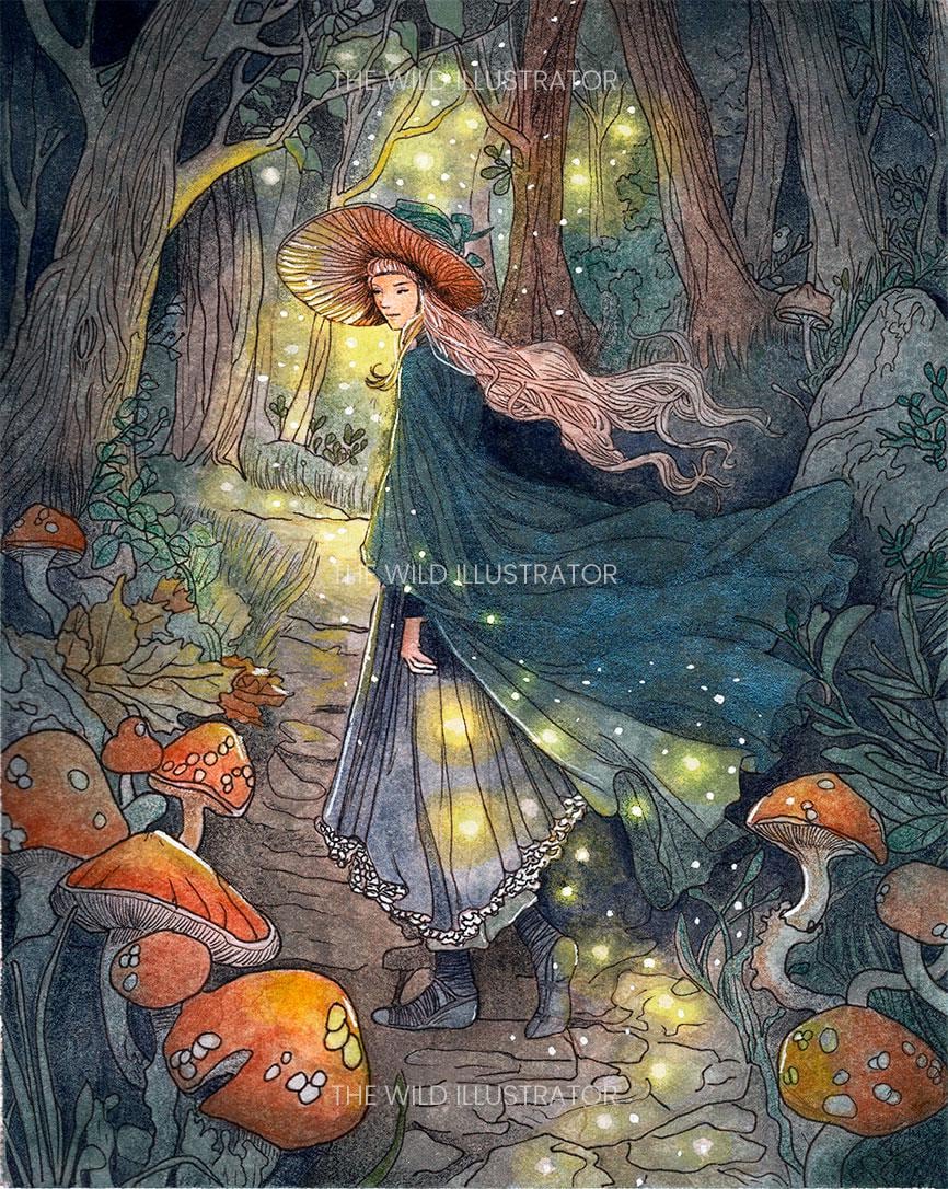 The Light of the Soul Art Print – a mystical woodland scene featuring fireflies illuminating a fairy, set in an enchanted forest with a dreamy, ethereal atmosphere.