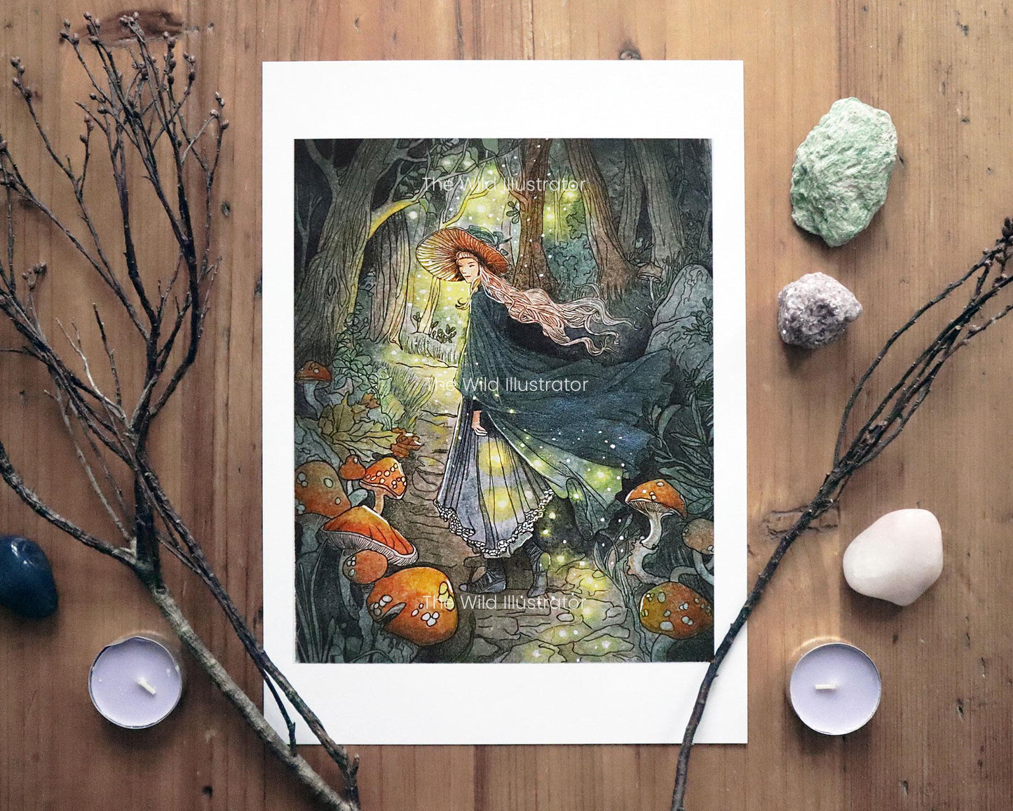 The Light of the Soul Art Print – a mystical woodland scene featuring fireflies illuminating a fairy, set in an enchanted forest with a dreamy, ethereal atmosphere.