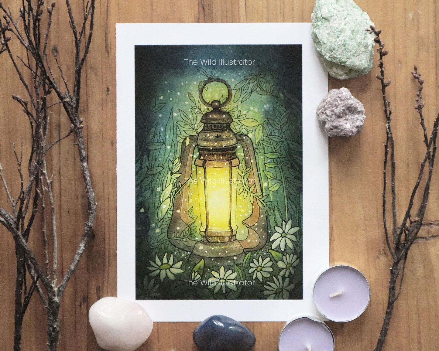 The Lantern of Secrets art print featuring a mystical lantern surrounded by flowers, inspired by nature and spiritual themes.