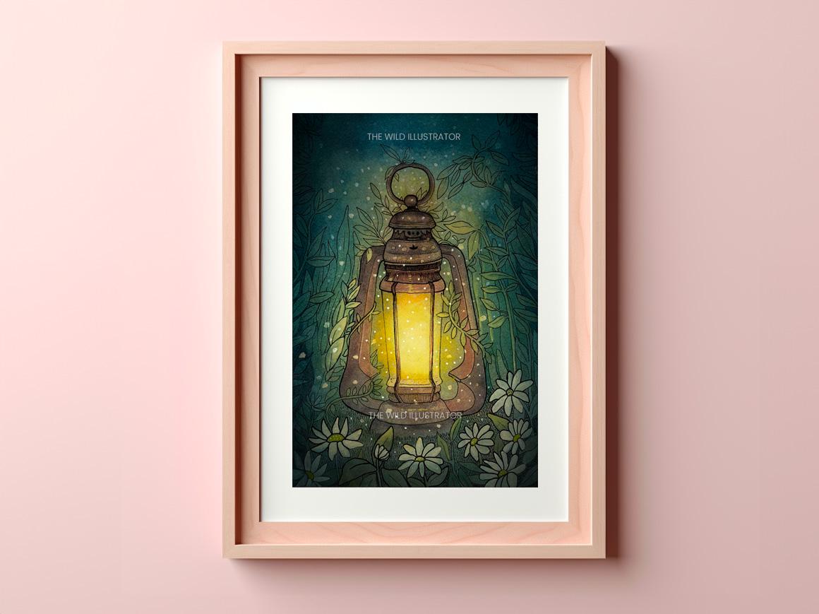 The Lantern of Secrets art print featuring a mystical lantern surrounded by flowers, inspired by nature and spiritual themes.