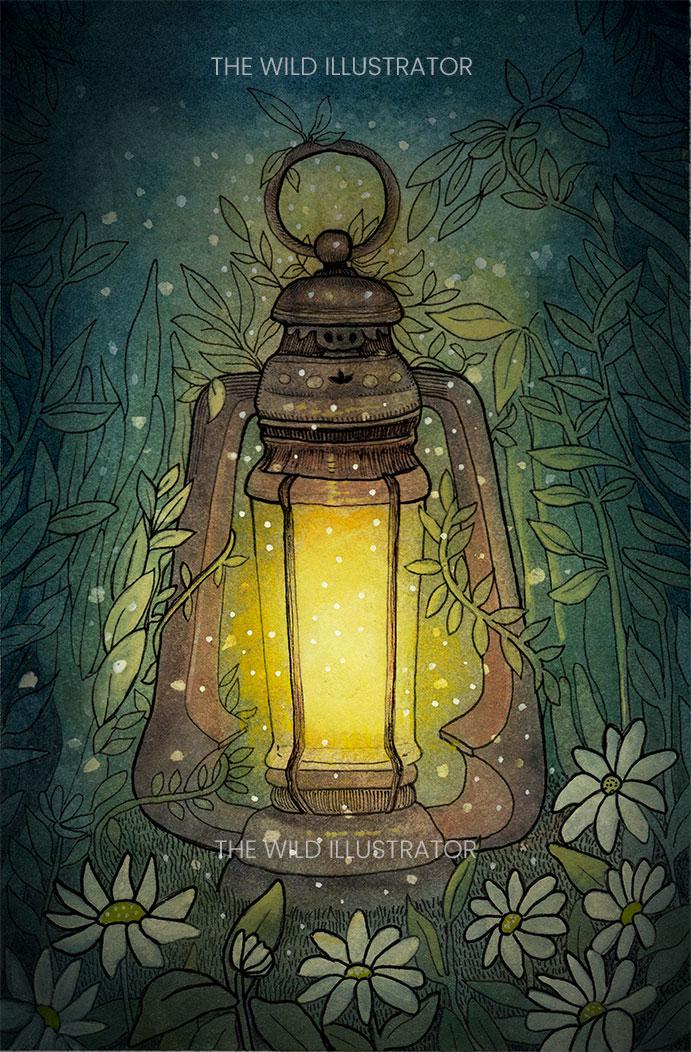 The Lantern of Secrets art print featuring a mystical lantern surrounded by flowers, inspired by nature and spiritual themes.