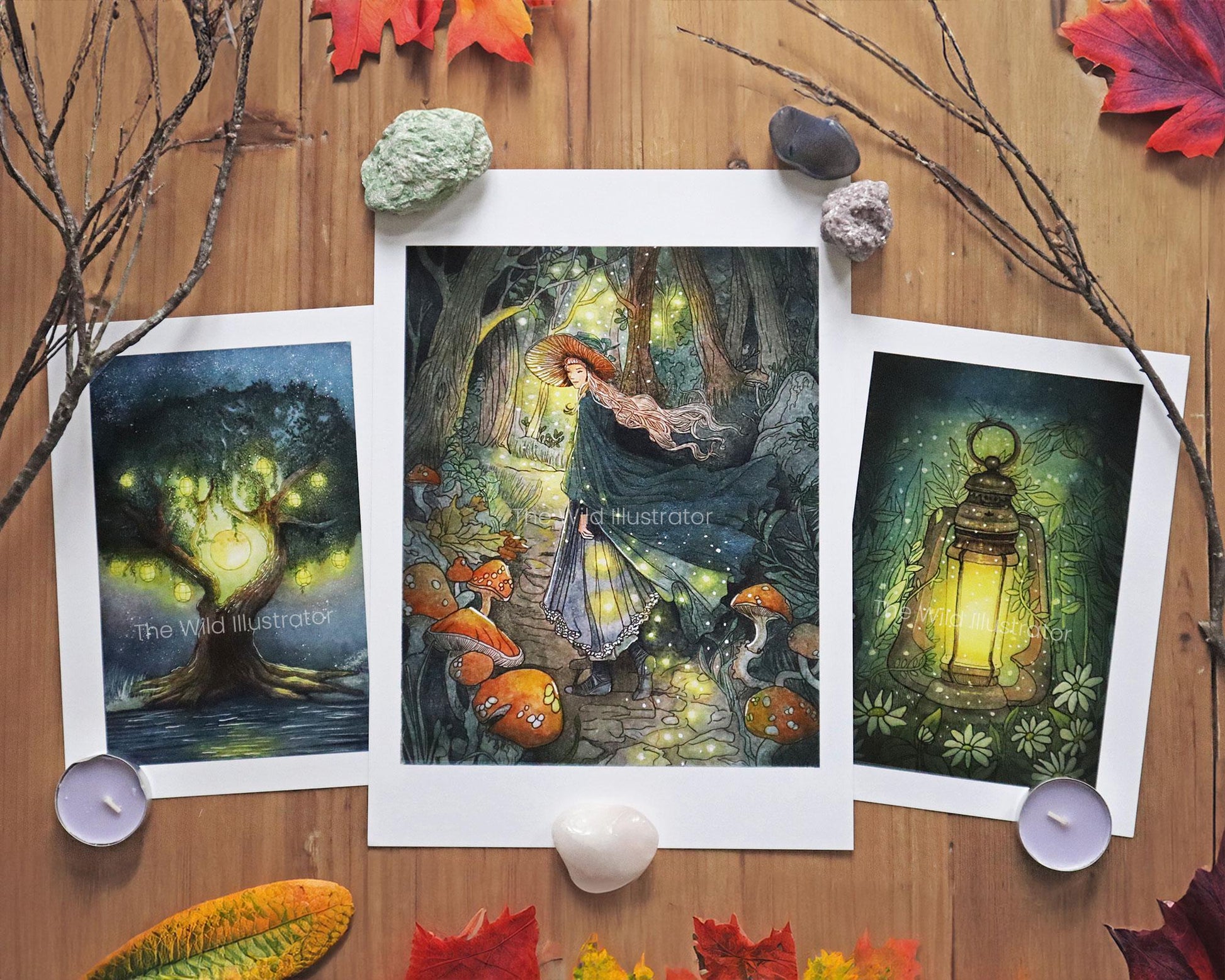 Wild Light Art Prints Bundle featuring mystical lantern, enchanted forest, and spiritual tree art.