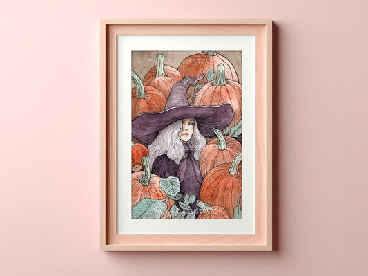 Witch surrounded by pumpkins, mystical Samhain art print, autumn harvest illustration, Halloween decor.