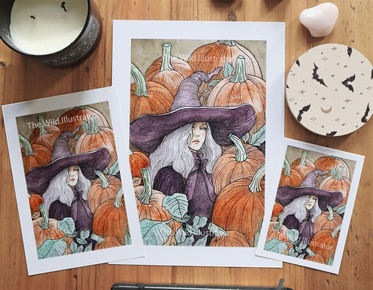 Witch surrounded by pumpkins, mystical Samhain art print, autumn harvest illustration, Halloween decor.