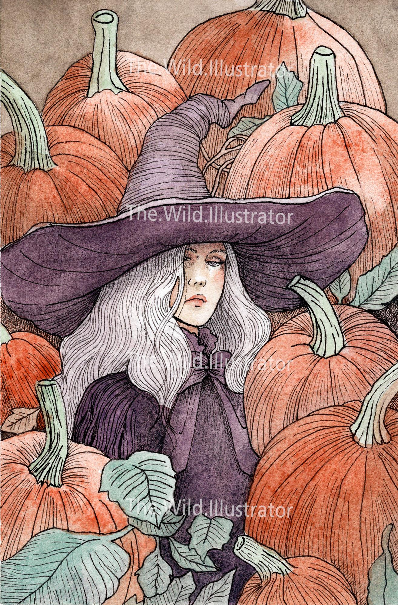 Witch surrounded by pumpkins, mystical Samhain art print, autumn harvest illustration, Halloween decor.