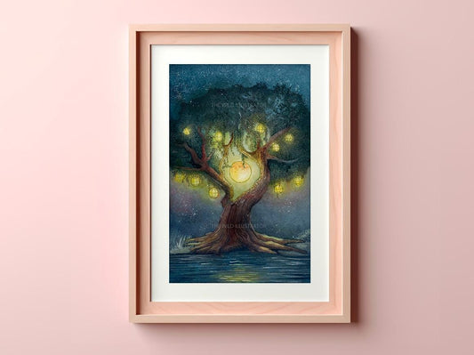 Ancient Glow Mystical Tree Art Print with Lanterns.