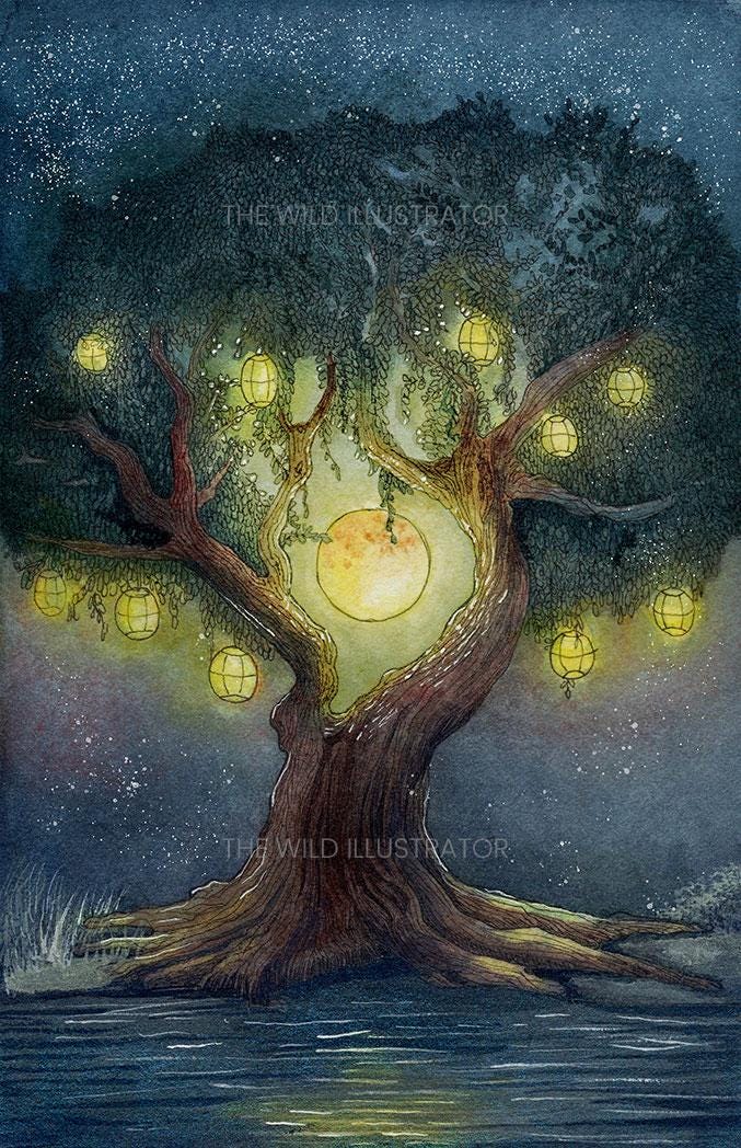 Ancient Glow Mystical Tree Art Print with Lanterns.