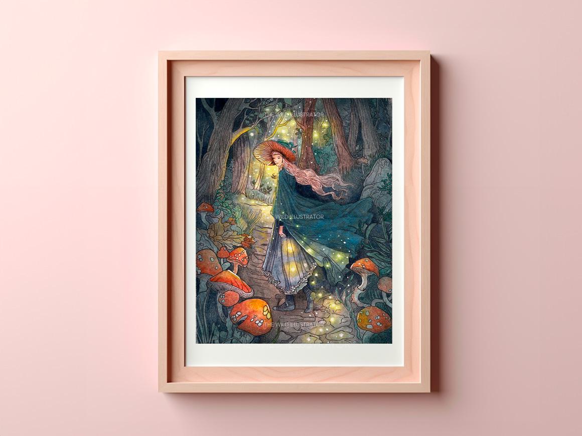 The Light of the Soul Art Print – a mystical woodland scene featuring fireflies illuminating a fairy, set in an enchanted forest with a dreamy, ethereal atmosphere.