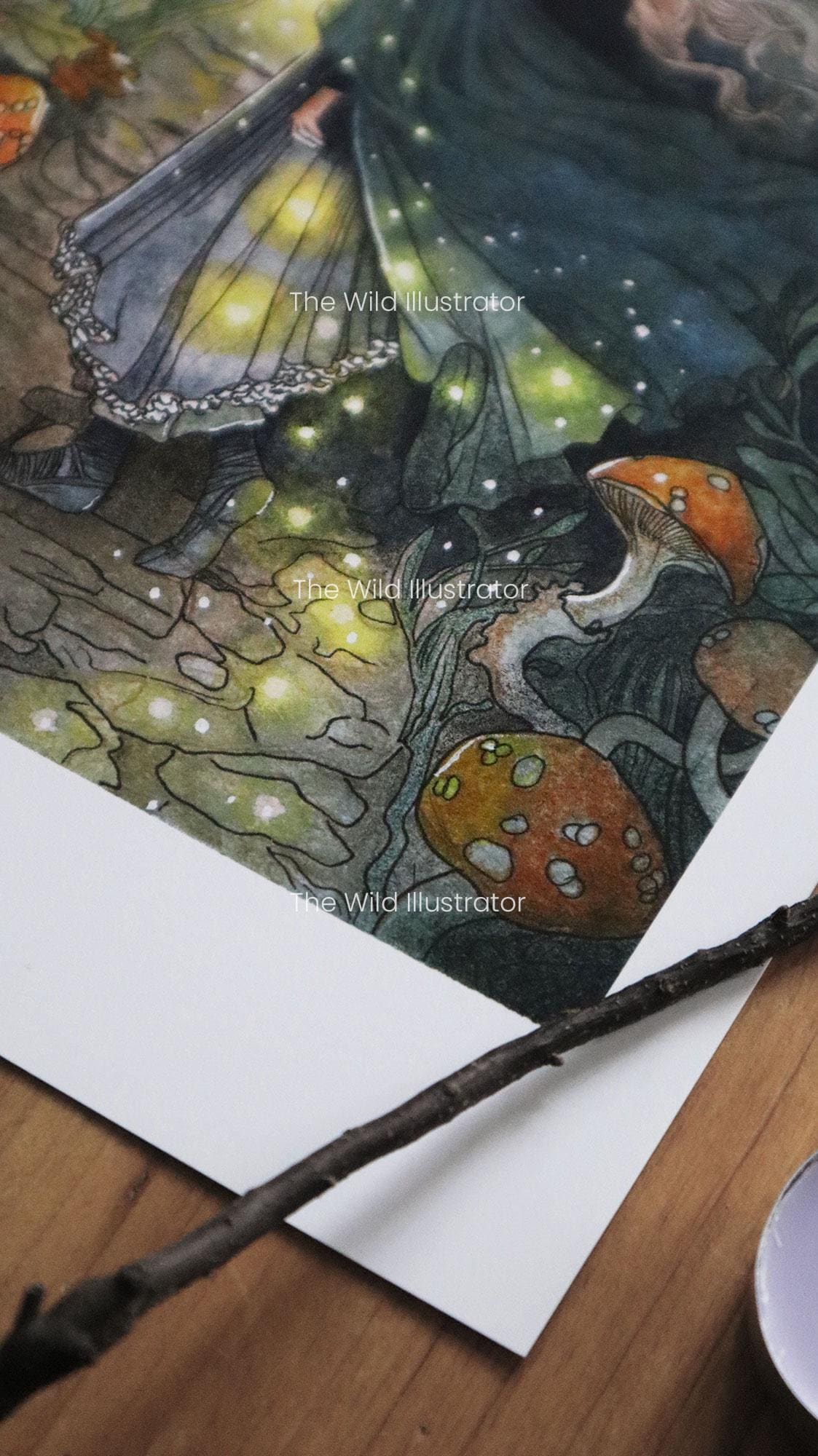 The Light of the Soul Art Print – a mystical woodland scene featuring fireflies illuminating a fairy, set in an enchanted forest with a dreamy, ethereal atmosphere.