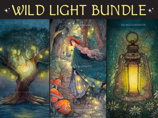 Wild Light Art Prints Bundle featuring mystical lantern, enchanted forest, and spiritual tree art.