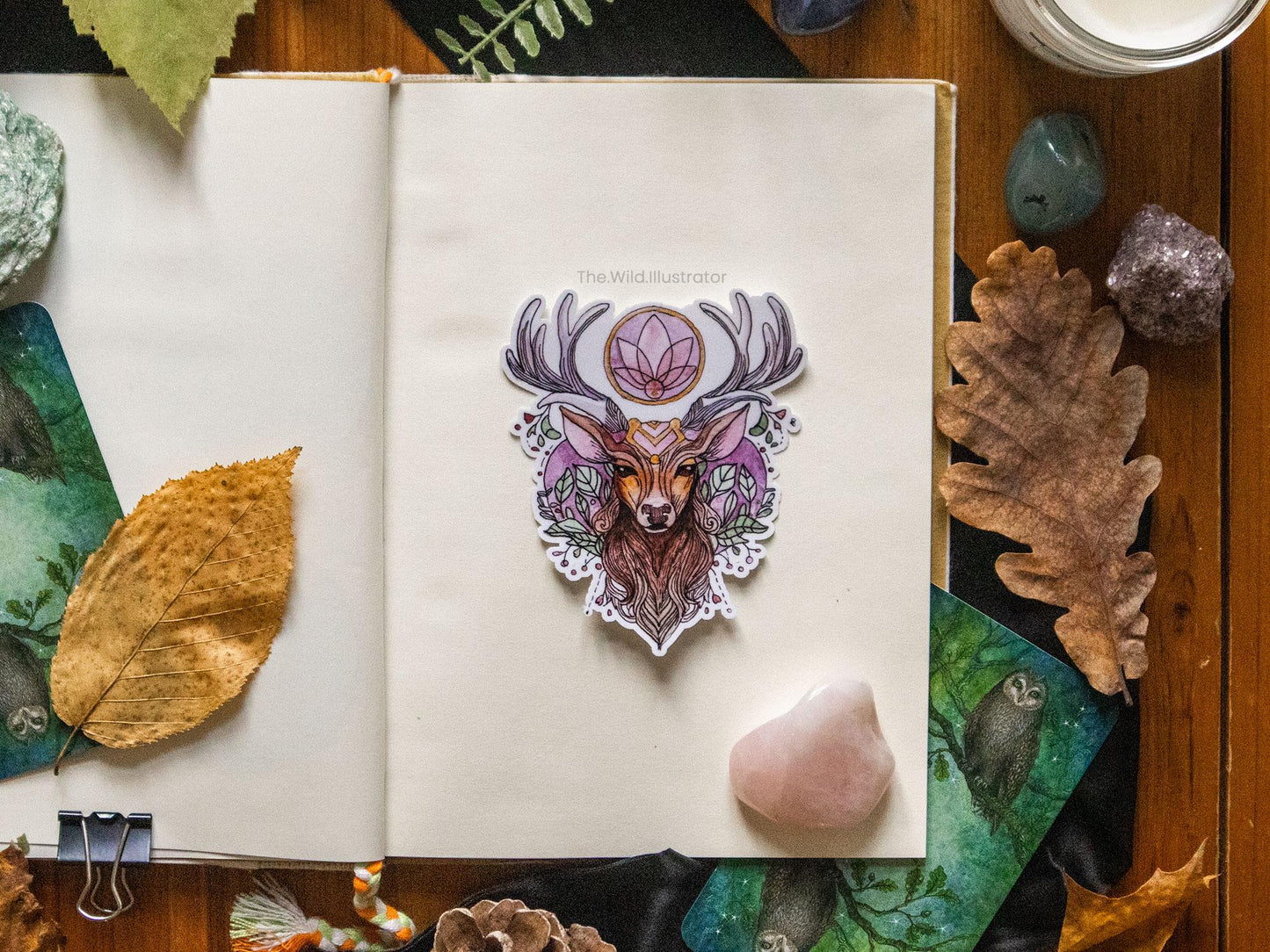 Deer Spirit Animal Sticker on glossy vinyl, featuring a gentle and graceful deer illustration, ideal for nature-inspired decor on journals, laptops, and water bottles.