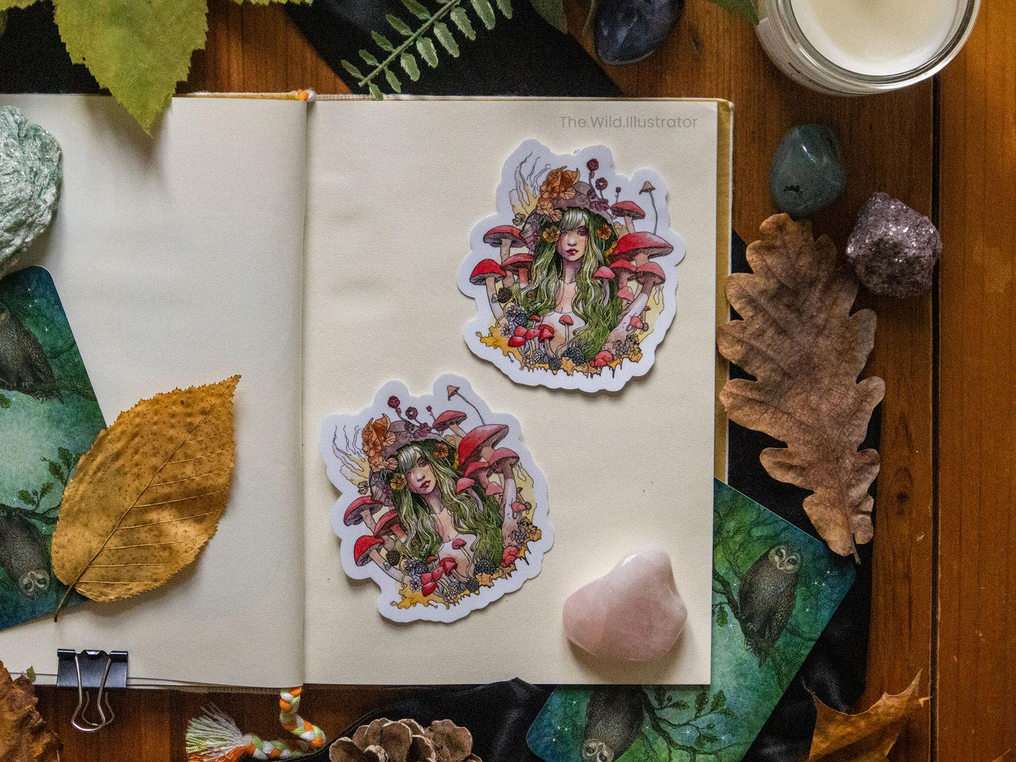 Handmade vinyl sticker featuring a mystical woman surrounded by mushrooms, ideal for journals, laptops, and water bottles.