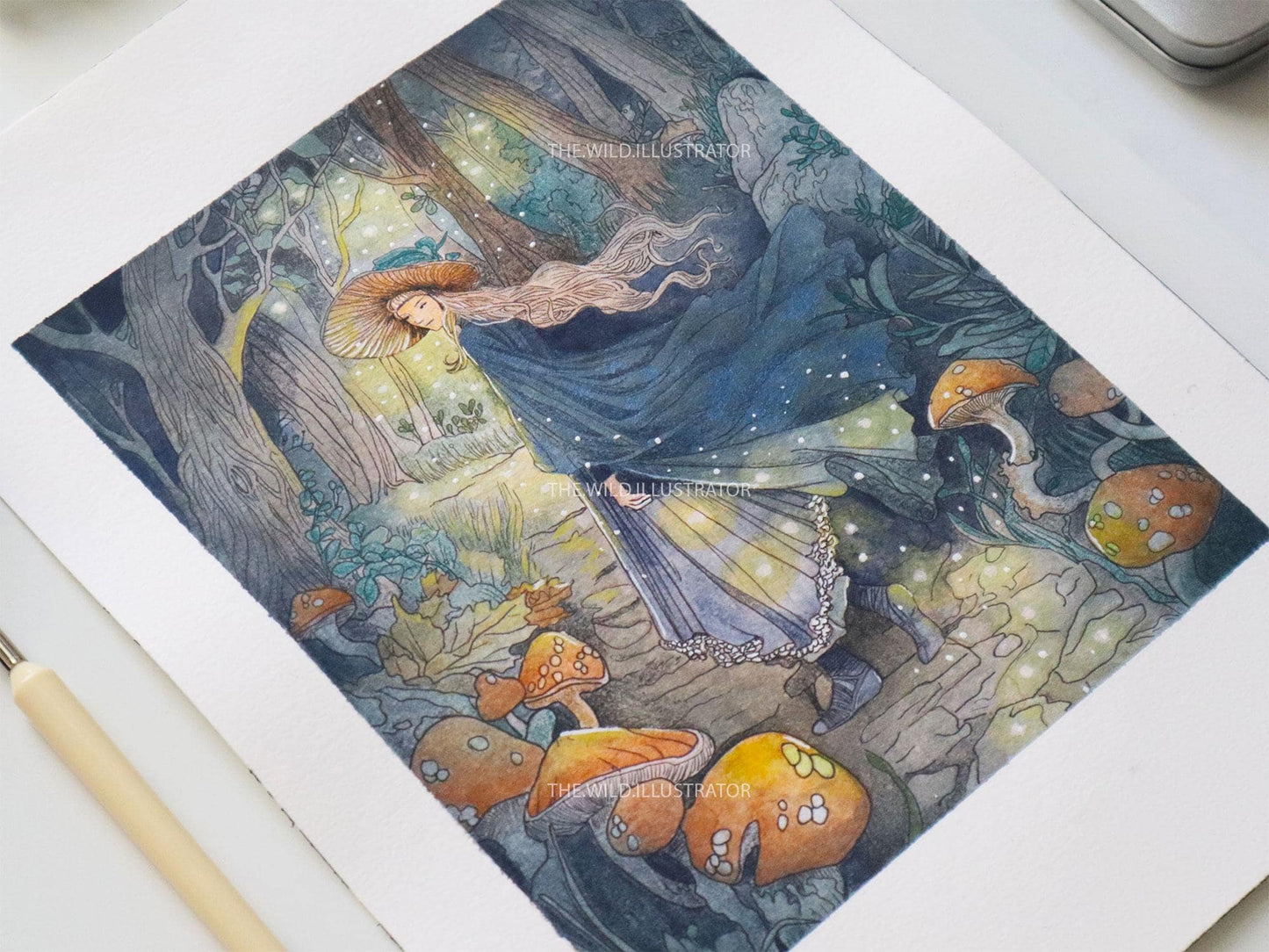 Original watercolor painting of glowing fireflies in an enchanted forest, symbolizing spiritual light and transformation.