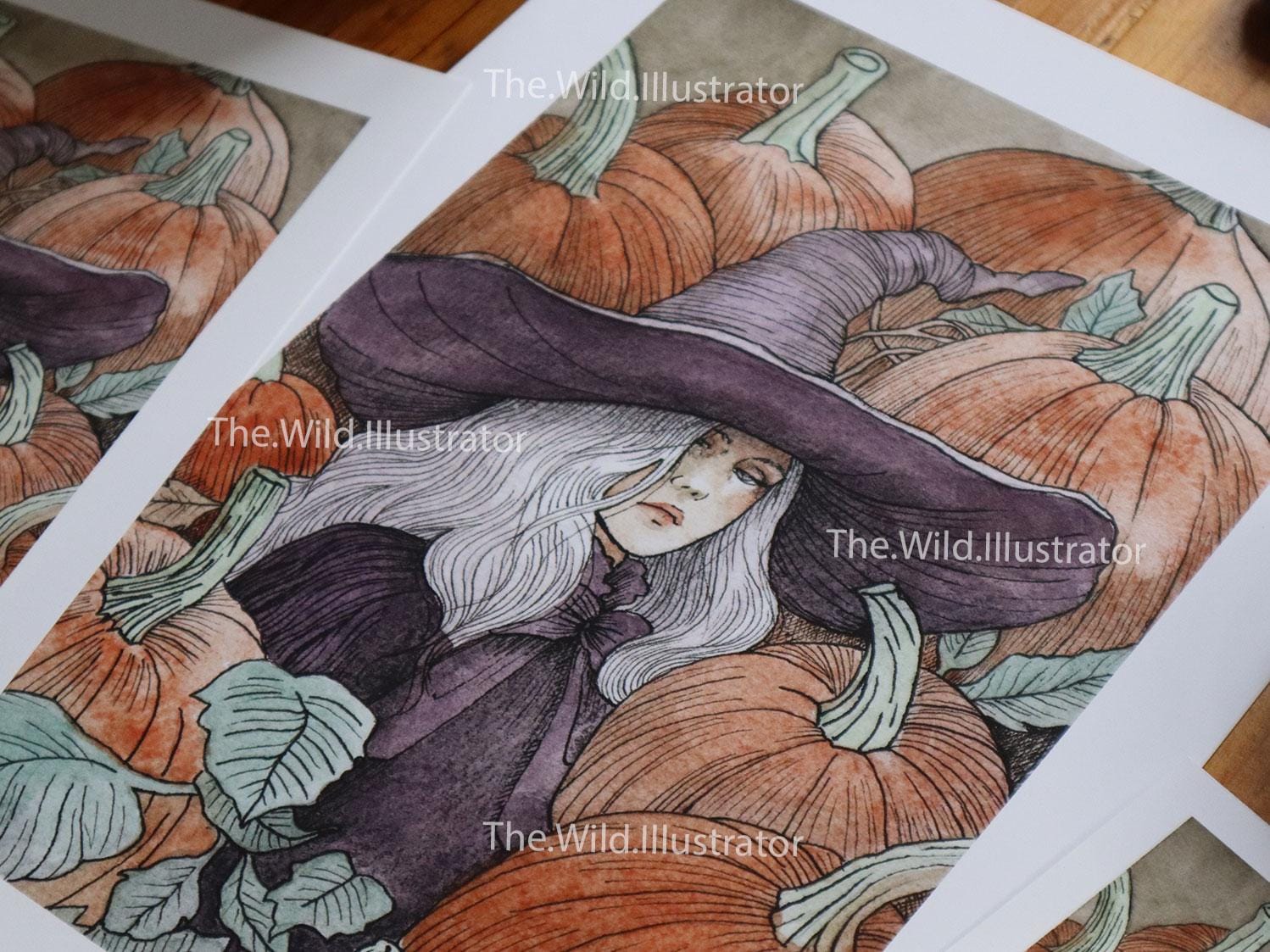 Witch surrounded by pumpkins, mystical Samhain art print, autumn harvest illustration, Halloween decor.