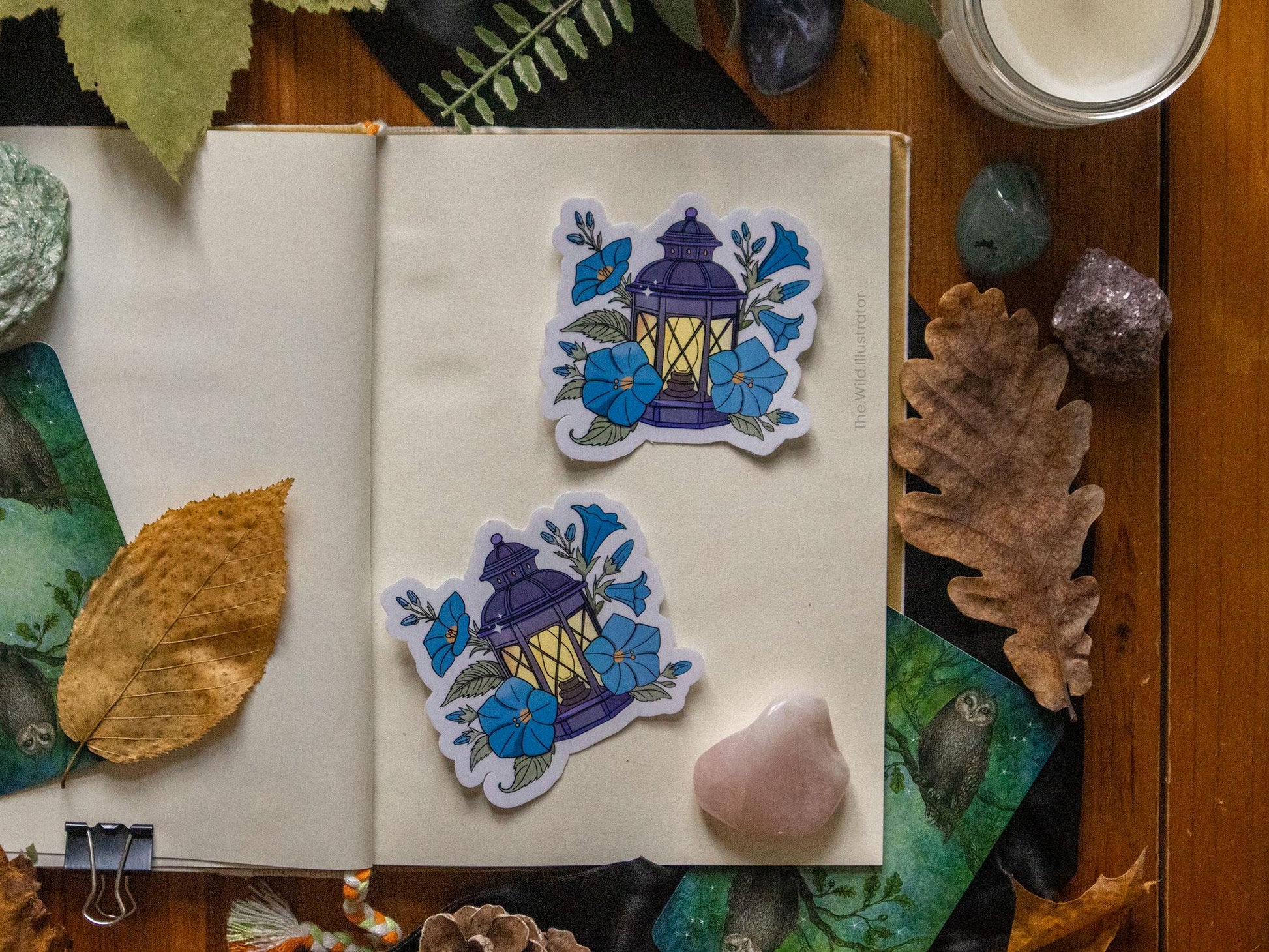 Lantern of the Spirits sticker with mystical lantern art, spiritual symbols, and flowers on glossy vinyl, perfect for journals and laptops.