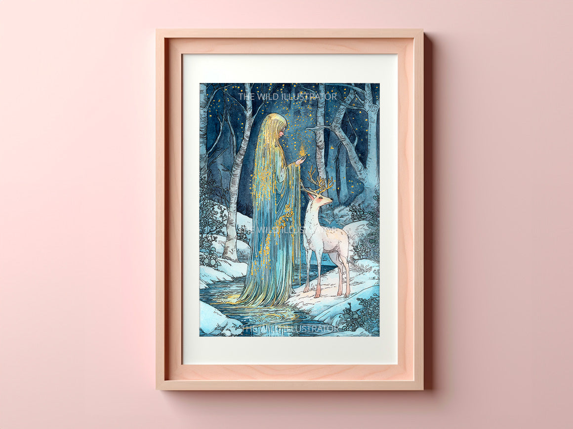 The Solstice Spirit - Mystical Winter Art Print | Nature-Inspired Decor | Hand-Embellished with Gold