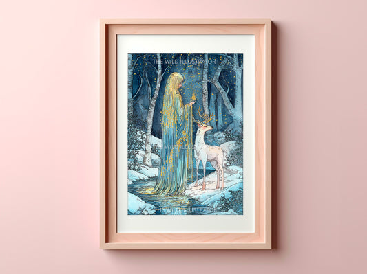 The Solstice Spirit - Mystical Winter Art Print | Nature-Inspired Decor | Hand-Embellished with Gold